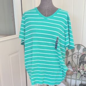 Green and White Striped V-Neck T-Shirt